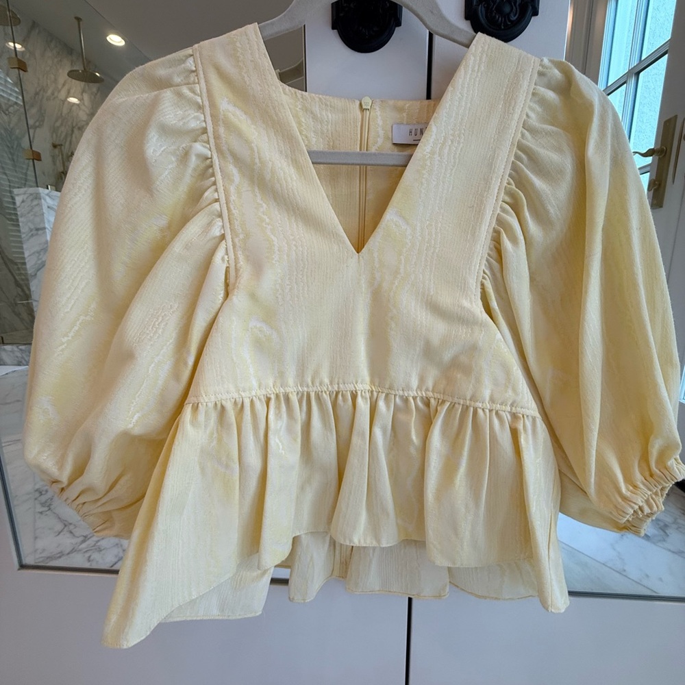 HUNTER BELL Pale Yellow V-Neck Puff-Sleeve Peplum Top